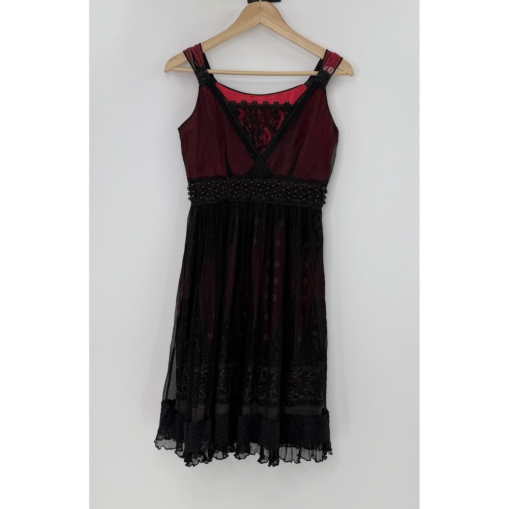 Yiteer Lisha Red Black Overlay Beaded Dark Romantic Whimsigoth‎ Dress Sz 77 Goth